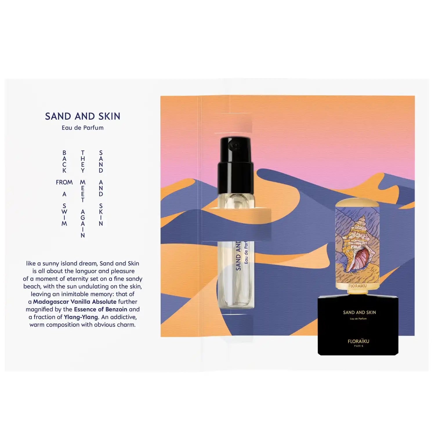 Black perfume bottle with ’Sand and Skin’ branding against an artistic desert landscape design.