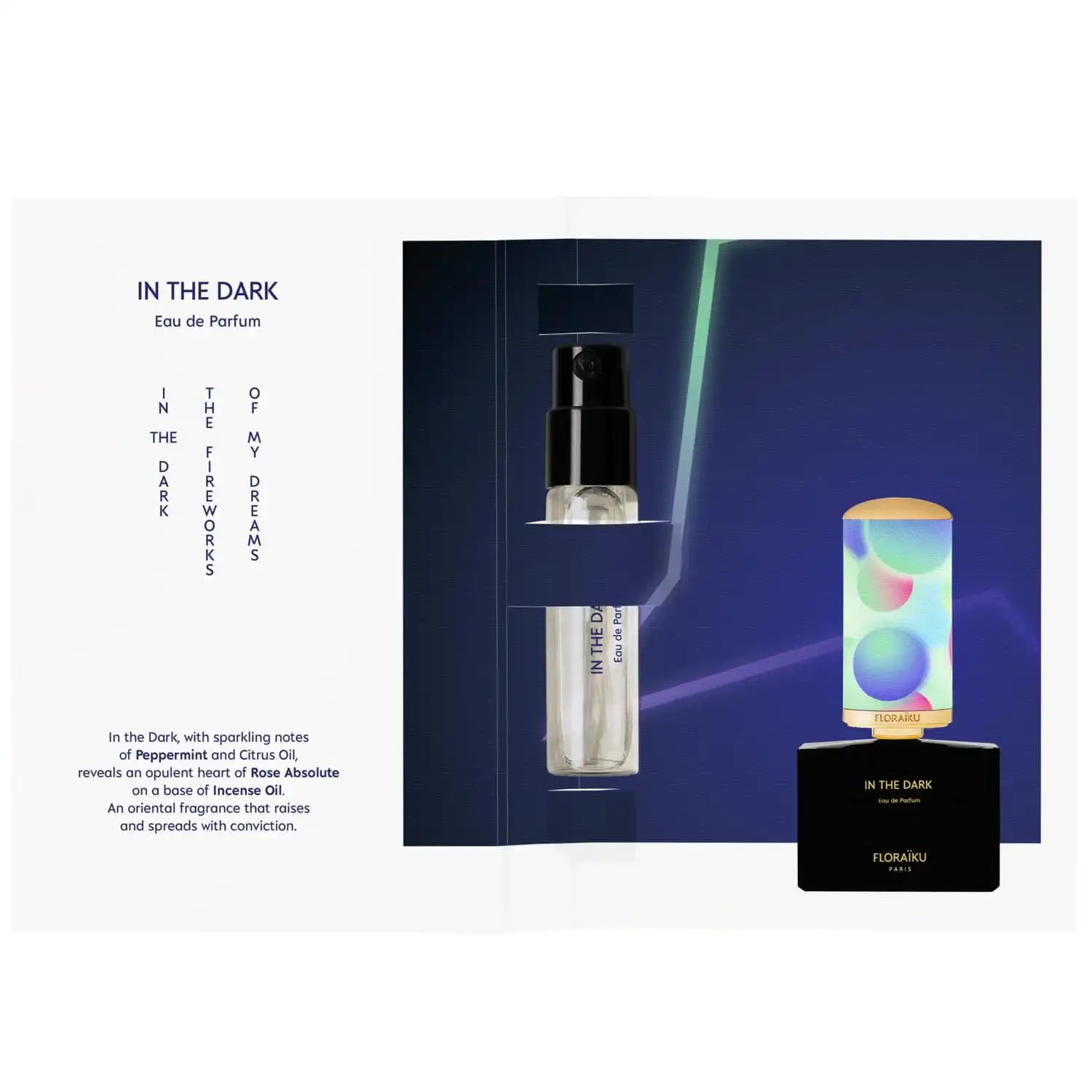 Perfume bottle with holographic packaging and a dark spray dispenser.