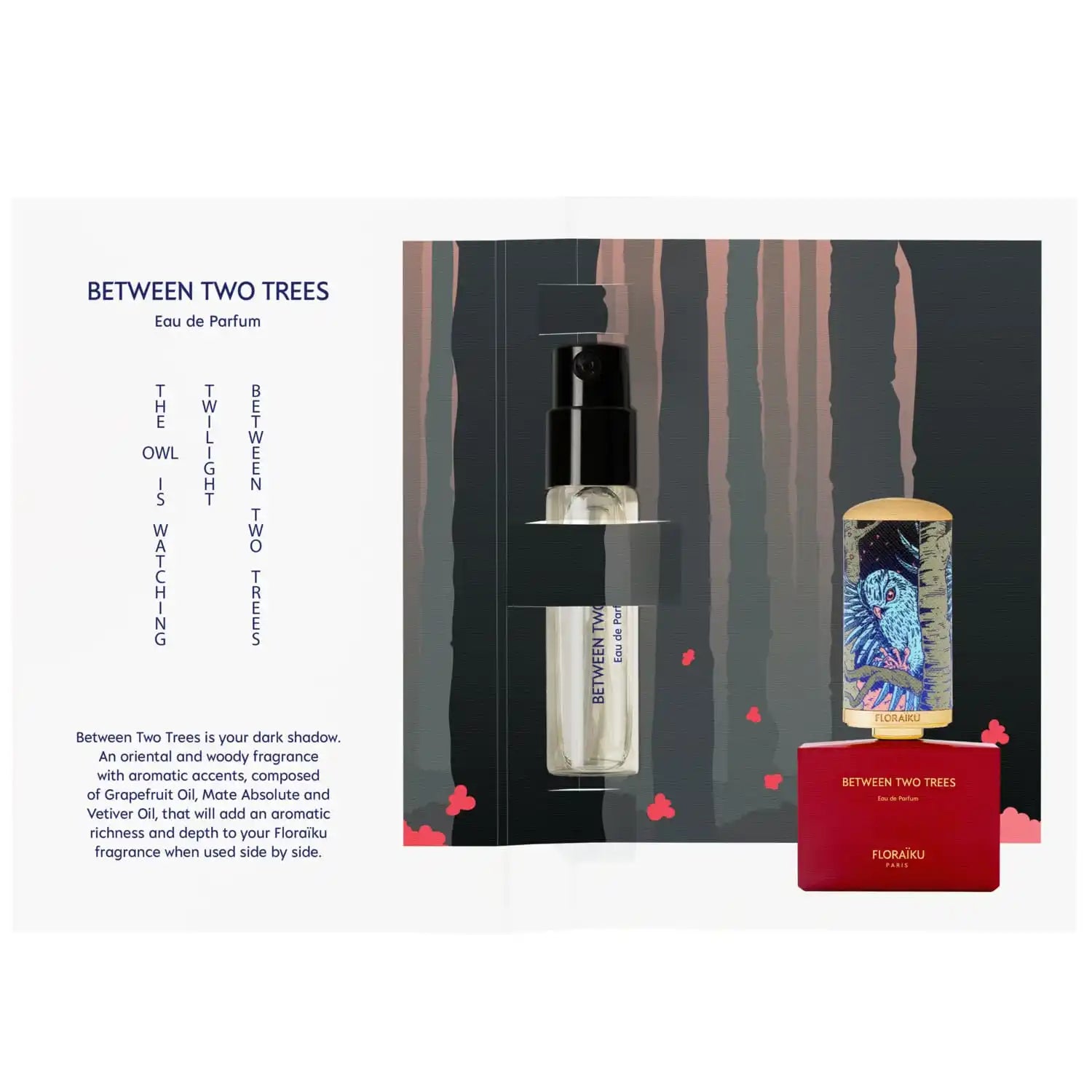 Perfume bottle and packaging with ’Between Two Trees’ branding.